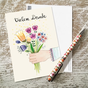 Postkarte, Vielen Dank, Hand mit Blumenstrauß