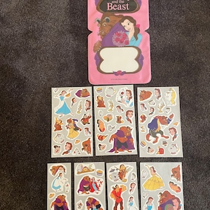 Pegatinas vintage de La Bella y la Bestia de Disney de los años 90, como se muestra