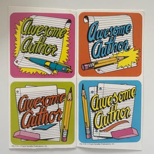 May include: Four colorful stickers with the text "Awesome Author" on each. The stickers feature a pencil, eraser, and a sheet of lined paper.
