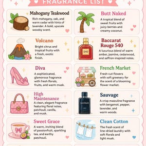 May include: A light pink informational chart titled Luxury Carpet Freshener Fragrance List. It features twelve distinct scent categories, each with a small icon and a brief description of the fragrance notes, including Mahogany Teakwood, Volcano, Diva, High Maintenance, Sweet Grace, Sol de Janeiro 62, Butt Naked, Baccarat Rouge 540, French Market, Sauvage, Clean Cotton, and Strawberry Vanilla.