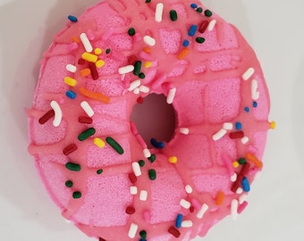 Sour Cherry scented donut bath bomb with frosting and sprinkles