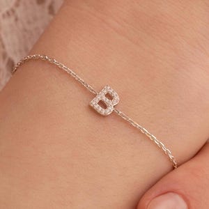 Pulsera con inicial de oro macizo de 14 k, pulsera con letra de diamante, pulsera con letra de oro de 14 k, pulsera con nombre personalizado, joyería personalizada, pulsera con letra