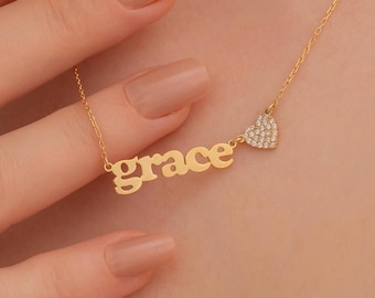 Personalized Name Necklace with Heart , Heart Name Necklace , 14k Gold Name Necklace , Custom Name Jewelry , Mothers Day Gift