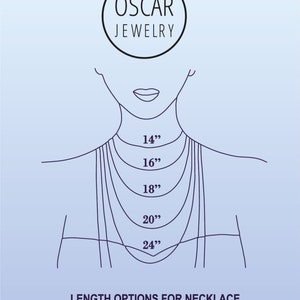 May include: A line art illustration showing necklace length options on a neck and chest. The text OSCAR JEWELRY appears at the top. Five curved lines represent lengths of 14, 16, 18, 20, and 24 inches. The text LENGTH OPTIONS FOR NECKLACE is at the bottom.