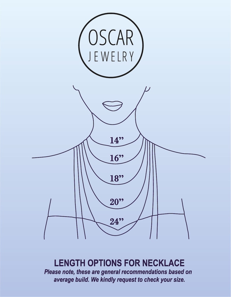 May include: A line art illustration showing necklace length options on a neck and chest. The text OSCAR JEWELRY appears at the top. Five curved lines represent lengths of 14, 16, 18, 20, and 24 inches. The text LENGTH OPTIONS FOR NECKLACE is at the bottom.