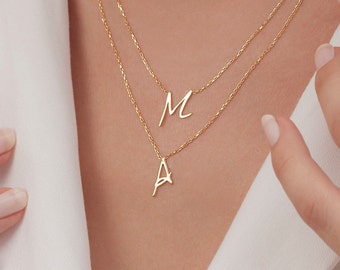 14k Solid Gold Letter Necklace, Initial Letter Necklace, 14k Gold Initial Necklace, Personalized Gift, Christmas Gift, 14K Solid Gold Gift