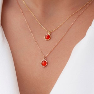 Round 14k Solid Gold Carnelian Necklace, Sterling Silver 925 Carnelian Necklace, 14k Gold Natural Stone Necklace, Gİft for Her