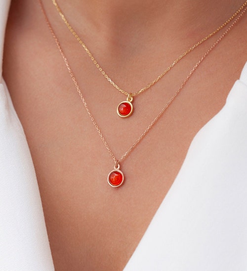 Round 14k Solid Gold Carnelian Necklace