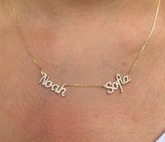 Diamond Two Name Necklace, Personalized Jewelry, Pave Name Necklace, Bridesmaid Gift, 2 Name Necklace, Gift for Her, Personalized Name Gift