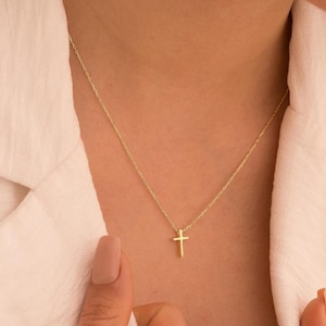 14k Solid Gold Dainty Cross Necklace , Tiny Cross Necklace , Tiny Crucifix Gift , Religious Necklace for Women , Minimalist Cross Necklace