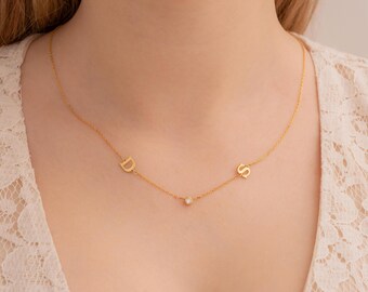 Tiny Gold Initial Letter Necklace , 14k Gold Letter Necklace , Delicate Layered Necklace , 14k Solid Gold Choker Necklace with Birthstone