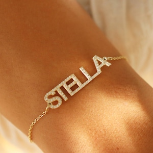 14k Solid Gold Pave Name Bracelet, 14k Solid Gold Name Bracelet, Gift for her, Personalized Pavé Bracelets, Dainty Gold Name Bracelet