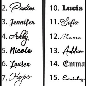 May include: A white chart featuring sixteen numbered names in black text. The list includes Mary, Pauline, Jennifer, Ashley, Nicole, Lauren, Harper, Sarah, Isabella, Lucia, Sofia, Mama, Addison, Emma, Emily, and Olivia, displayed in various fonts.