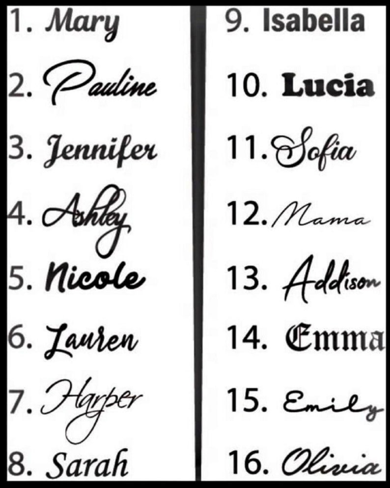 May include: A white chart featuring sixteen numbered names in black text. The list includes Mary, Pauline, Jennifer, Ashley, Nicole, Lauren, Harper, Sarah, Isabella, Lucia, Sofia, Mama, Addison, Emma, Emily, and Olivia, displayed in various fonts.
