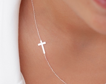 Dainty Cross Necklace, Sideway Cross Necklace, Religious Jewelry, Gold Cross Necklace, 14k Gold Cross Charm Necklace, Dainty Necklace, Gift