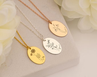 14k Solid Gold Birth Flower Necklace, Flower Necklace, Personalized Birth Flower Necklace, 14k Gold Floral Necklace, Mothers Day Gift, Gift