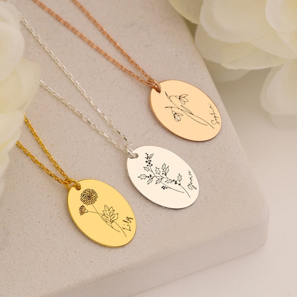 14k Solid Gold Birth Flower Necklace, Flower Necklace, Personalized Birth Flower Necklace, 14k Gold Floral Necklace, Mothers Day Gift, Gift