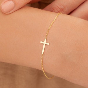 Gold Cross Bracelet, Sideways Cross Bracelet, Small, Tiny Cross Bracelet, Religious Jewelry, Gold Holy Bracelet , Mother&#39;s Day Gifts