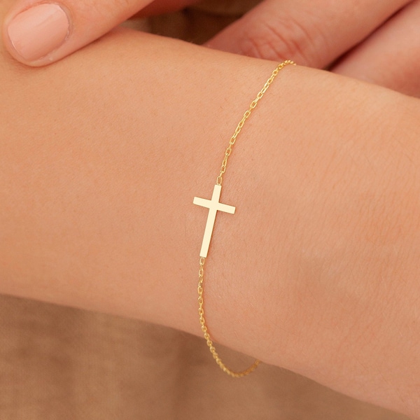 Gold Cross Bracelet, Dainty Cross Bracelet, Sideways Cross Bracelet, Small, Tiny Cross Bracelet, Religious Jewelry, Gold Holy Bracelet