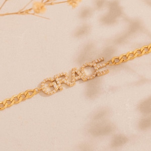 Personalized Pave Name Bracelet , Custom Name Bracelet , Kids Names Bracelet , Curb Chain Bracelet , Letter Bracelet , Diamond Name Bracelet