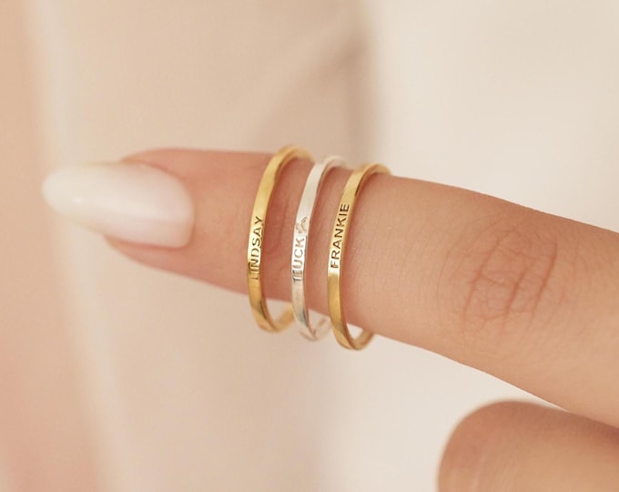 14k Solid Gold Dainty Name Ring , Engraved Ring , Custom Ring , Custom Engraved Skinny Band Ring , Custom Name Ring , Personalized Name Ring