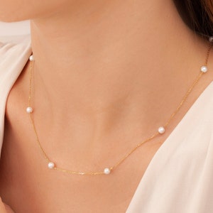 14k Gold Pearl Necklace, Dainty Pearl Necklace, Bridesmaid Gifts, Pearl Jewelry, Gold Pearl Necklace, Dainty Freshwater Pearl Chain Necklace