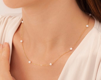 14k Gold Pearl Necklace, Dainty Pearl Necklace, Bridesmaid Gifts, Pearl Jewelry, Gold Pearl Necklace, Dainty Freshwater Pearl Chain Necklace