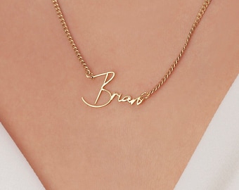 Curb Chain Name Necklace, 14k Solid Gold Name Necklace, Mom Gift, Gold Name Necklace, Handwriting Name Necklace, Gift for Her, Name Necklace