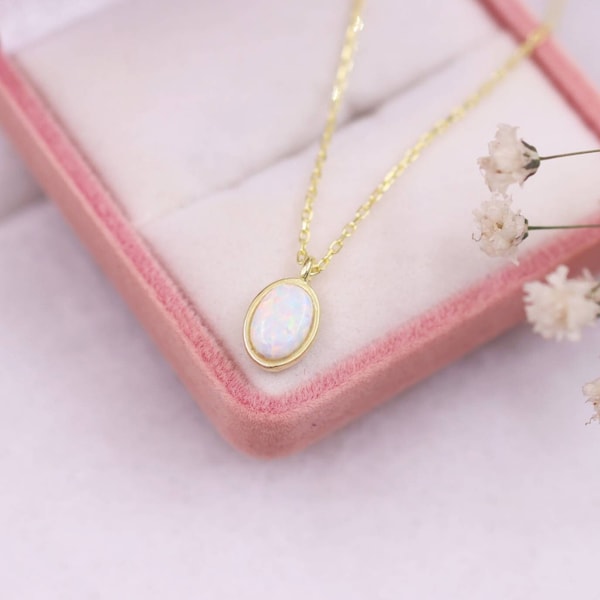 14k Solid Gold Opal Necklace, White Opal Necklace, Oval Opal Necklace, Bridesmaid Gift, Opal Jewelry, Gift for Her, Gift for Mom, Opal
