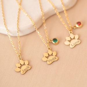 Engraved Paw Print Necklace , Custom Gold Charm Necklace , Custom Paw Necklace , Pet Memorial Necklace with Birthstone