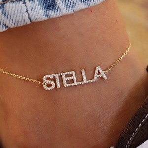 14k Solid Gold Diamond Name Anklet, Pave Name Anklet, Silver Name Anklet, Gift for her, Charm Anklet, Name Anklet, Personalized Gift for Her