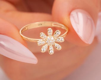 14k Solid Gold Flower Ring , Dainty Everyday Ring , Daisy Rings for Women , Silver 925 Ring , Feminine Ring , Flower Ring , Diamond Ring