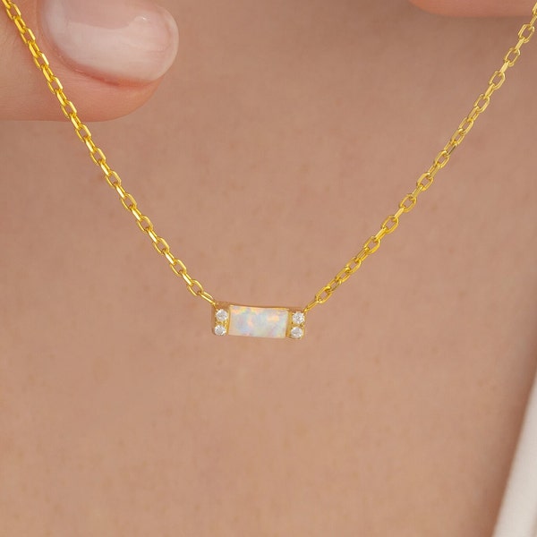 Opal Necklace, 14k Gold Opal Necklace, Baguette Opal Necklace, Opal Jewelry, October Birthstone Necklace, Minimalist Necklace, Gift for