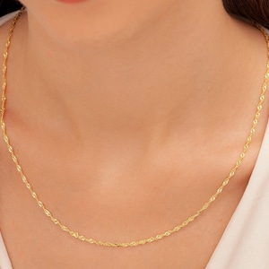 Collar de cadena Singapur de oro macizo de 14 quilates, collar de cadena Singapur tipo cuerda, collar de oro delicado, collar de cadena trenzada, gargantilla con un pequeño giro