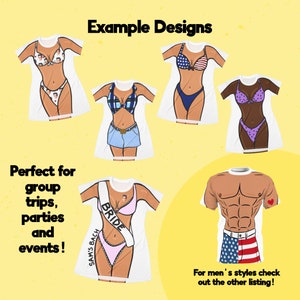 May include: A collection of white t-shirts featuring graphic prints of various outfits, including bikinis with different patterns, a plaid top with denim shorts, and a bride-themed design with a sash, alongside a t-shirt with a muscular torso print.