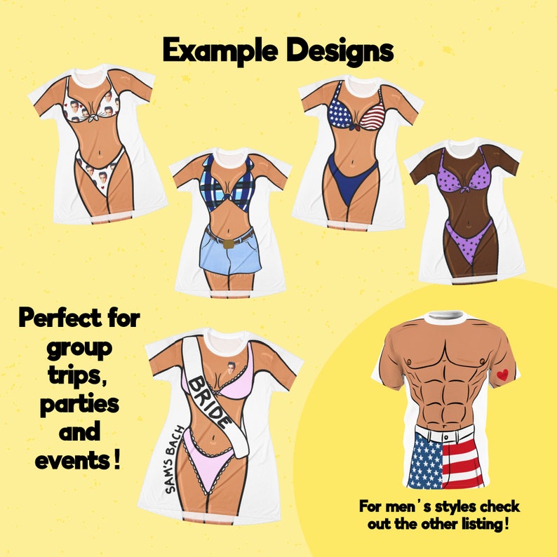 May include: A collection of white t-shirts featuring graphic prints of various outfits, including bikinis with different patterns, a plaid top with denim shorts, and a bride-themed design with a sash, alongside a t-shirt with a muscular torso print.