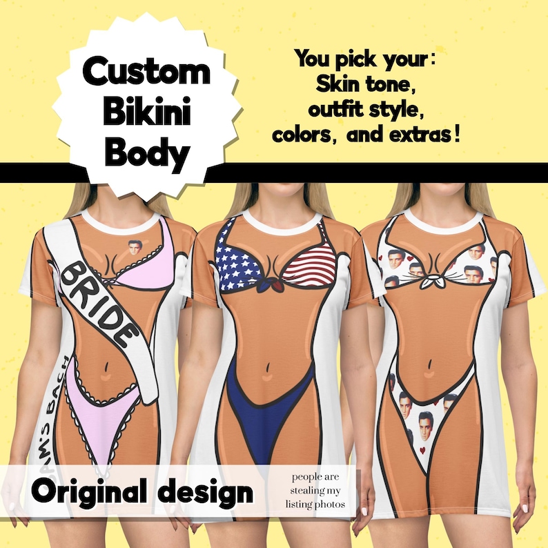 May include: Three short-sleeve t-shirts featuring graphic prints of bikini bodies. The left shirt shows a pink bikini and a sash reading BRIDE. The center shirt features a stars and stripes bikini. The right shirt displays a bikini with Elvis faces.