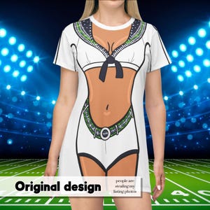 May include: White t-shirt dress with a printed design resembling a sports uniform. The design includes a white top, shorts, and a belt with green and black accents. The text "Original design" is visible at the bottom.