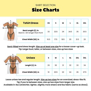 May include: A size chart for a T-shirt dress and a unisex T-shirt, featuring illustrations of a leopard print bikini. The chart displays measurements in inches for back length and chest width across sizes XS to 3XL, with text detailing fit tips.