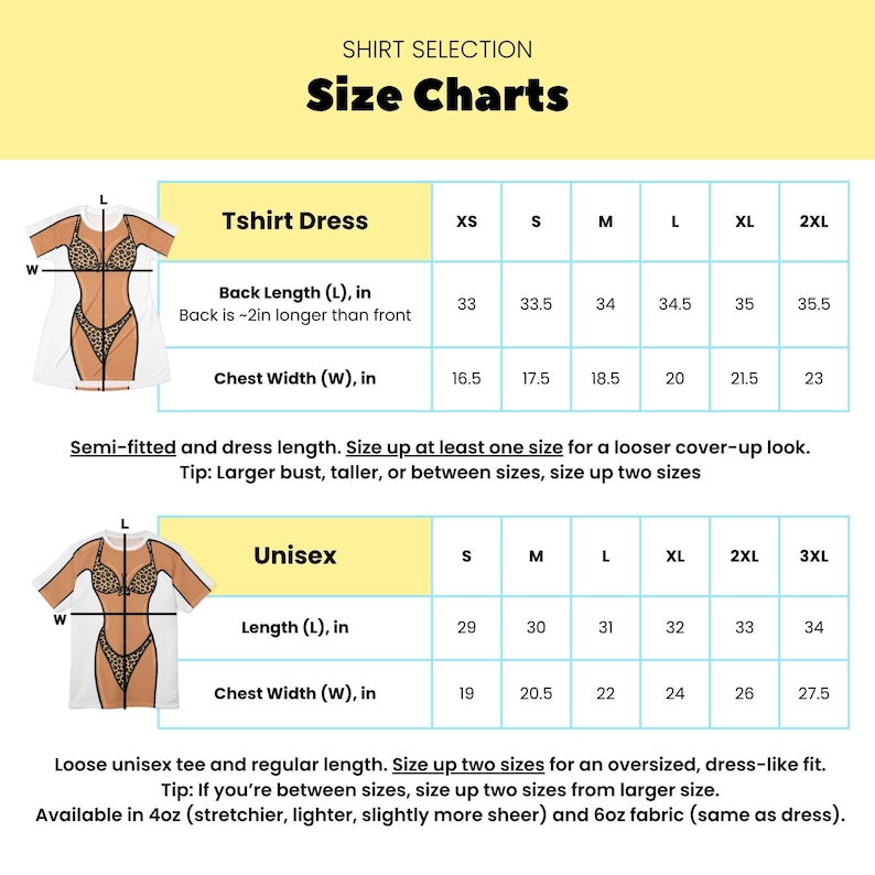 May include: A size chart for a T-shirt dress and a unisex T-shirt, featuring illustrations of a leopard print bikini. The chart displays measurements in inches for back length and chest width across sizes XS to 3XL, with text detailing fit tips.