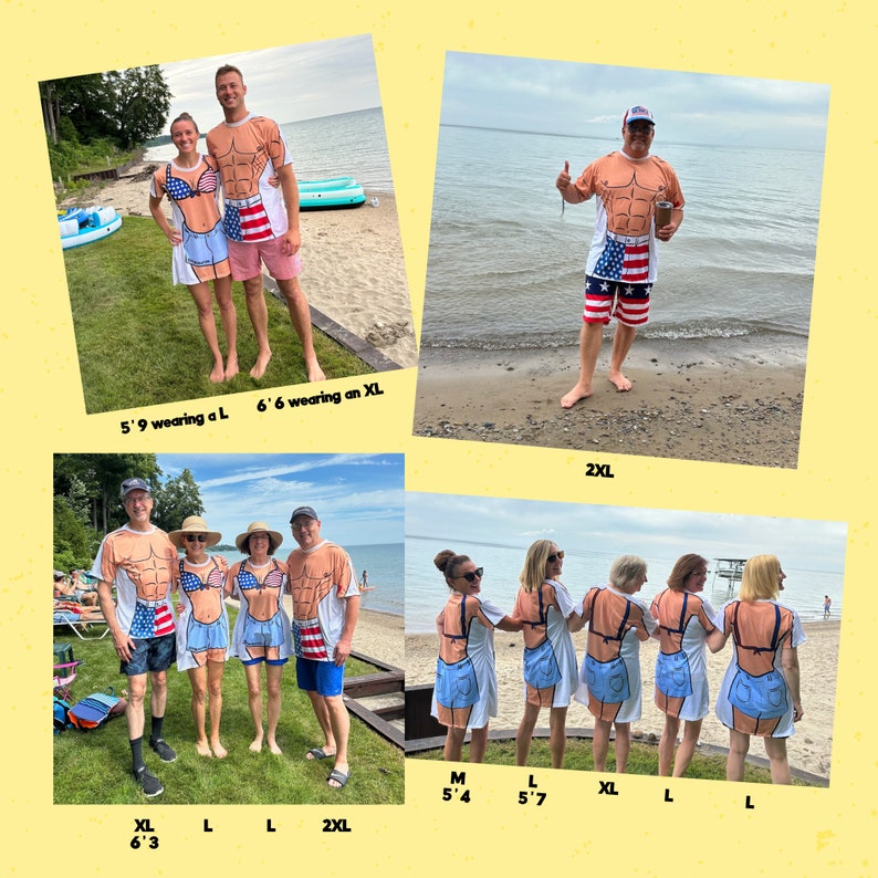 May include: A collection of t-shirts and dresses featuring a printed graphic of a muscular torso, a bikini top with an American flag pattern, and denim shorts. The garments are displayed on various individuals with size labels including M, L, XL, and 2XL.