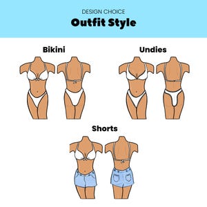 May include: A graphic chart titled DESIGN CHOICE Outfit Style displaying three clothing options: Bikini, Undies, and Shorts. Each category shows front and back views of a torso wearing the respective garment in white or light blue denim.