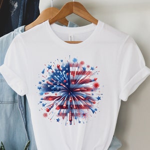 Camiseta de fuegos artificiales de EE. UU. para mujer, camiseta del 4 de julio, camiseta del Día de la Independencia, Estados Unidos, camiseta roja, blanca y azul, camiseta patriótica, camiseta americana