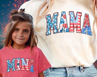 4th of July 4th Family Shirts, Mama and Mini Independence Day Matching Tee, USA Flag Red Blue and White, 4th of July Mom and Daughter Outfit