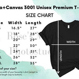 May include: Size chart for a Bella+Canvas 3001 Unisex Premium T-Shirt. The chart shows sizes from XXS to 3XL with corresponding width and length measurements in inches.