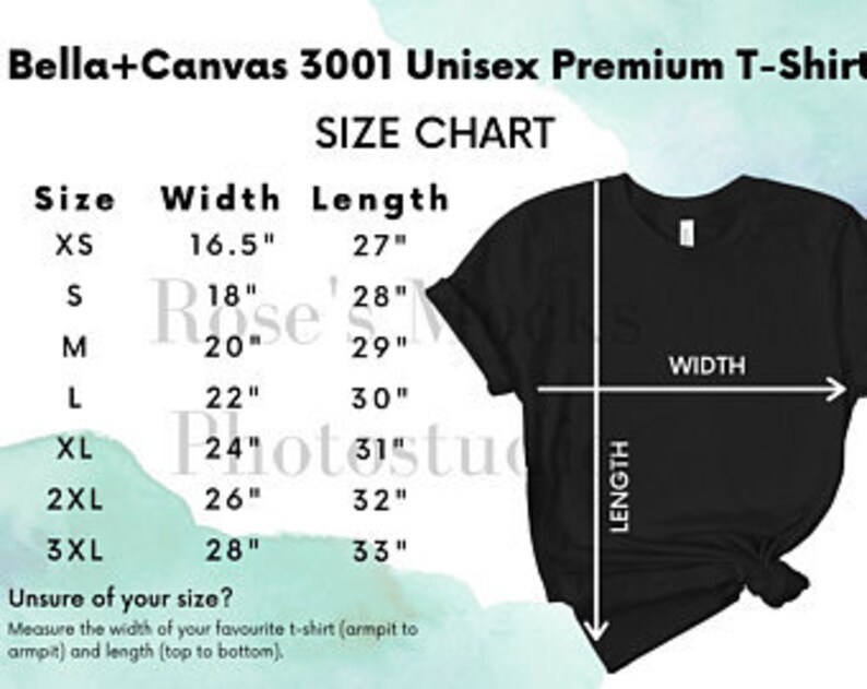 May include: Size chart for a Bella+Canvas 3001 Unisex Premium T-Shirt. The chart shows sizes from XXS to 3XL with corresponding width and length measurements in inches.