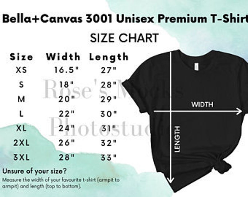 May include: Size chart for a Bella+Canvas 3001 Unisex Premium T-Shirt. The chart shows sizes from XXS to 3XL with corresponding width and length measurements in inches.