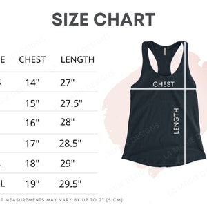 May include: Size chart for a tank top with measurements in inches for chest and length. Sizes include XS, S, M, L, XL, and 2XL.