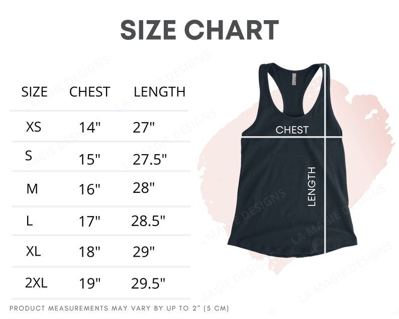 May include: Size chart for a tank top with measurements in inches for chest and length. Sizes include XS, S, M, L, XL, and 2XL.