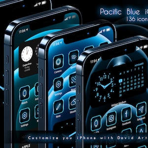 May include: A set of blue and black iPhone icons with a blue and black background. The icons are for apps like Camera, TikTok, Watch, Settings, Notes, and more. The text "Pacific Blue iOS14 Icon Set" is at the top of the image. The text "Customize you iPhone with David Arts ios14 Icon Set" is at the bottom of the image.